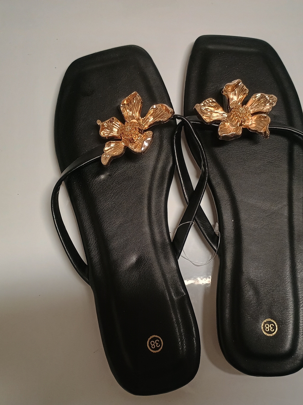 Black Women's Sandals with Gold Flower Accent